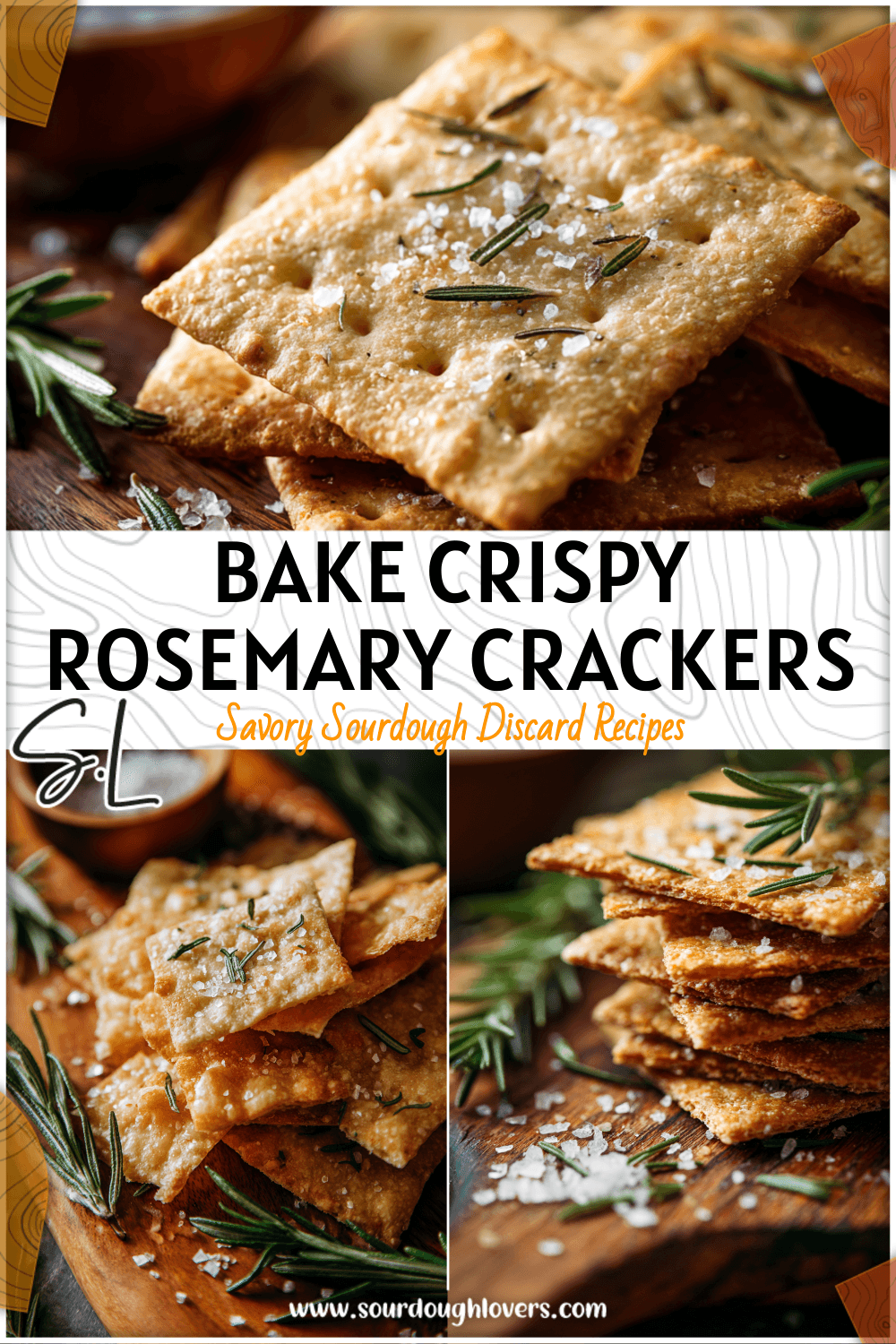 Golden rosemary sea salt savory sourdough crackers arranged on a wooden board with herbs and sea salt sprinkles